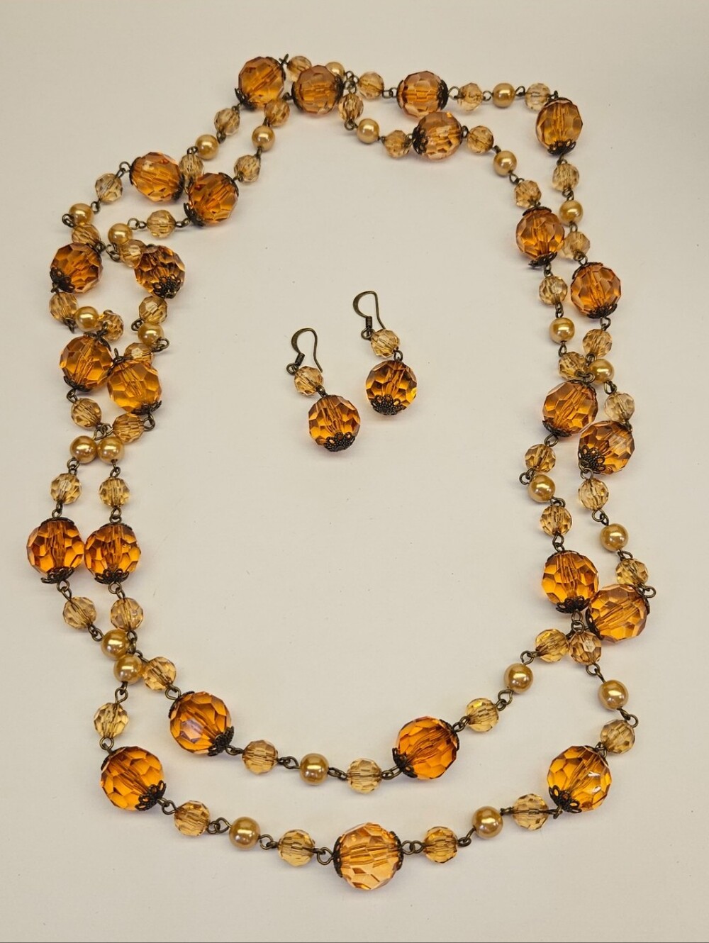 Amber Faceted Acrylic Bead Necklace & Earrings Set